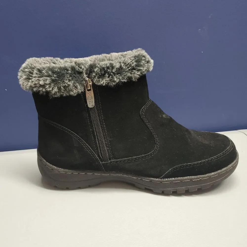 Khombu Iris Winter Snow Boots Womens Size 7 Black Faux Fur Trim Side Zip 1527296